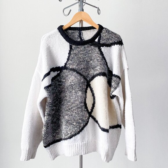 🍂 Chunky Black, Cream, Gray & White Abstract Handmade Scandinavian Knit Sweater - Picture 1 of 10